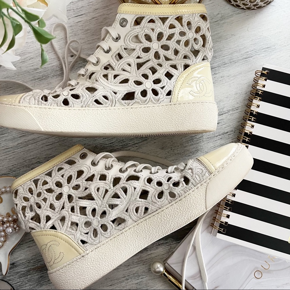 Chanel floral laser cut patent cap toe high top sneakers size 38
